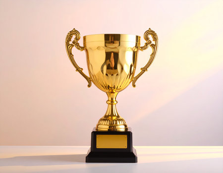 Golden trophy cup on a white background. 3d render image.の素材