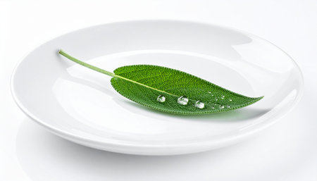 Sage leaf with dew drops on a white plate, isolatedの素材