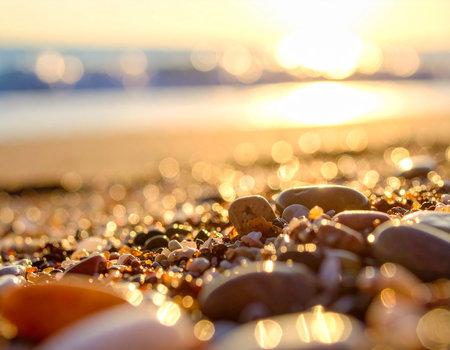sea pebbles on the beach at sunset. shallow depth of fieldの素材