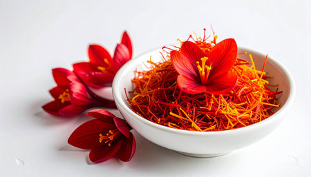 Saffron threads in a bowl with red crocus flowers on white backgroundの素材
