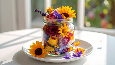 Colorful bouquet of flowers in a glass jar on the tableの素材