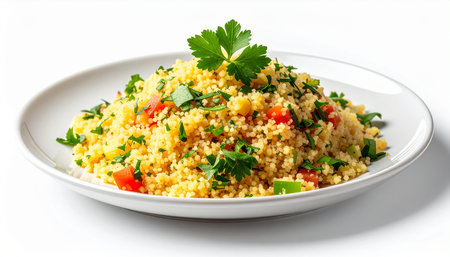 Couscous with parsley and tomatoes on a white backgroundの素材