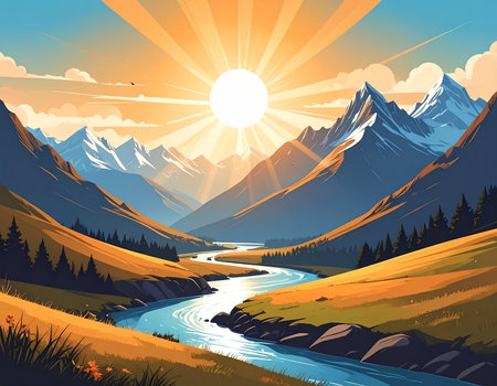 Mountain landscape with river and sun in the sky. Vector illustrationの素材