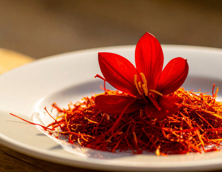 Saffron and saffron threads on a white plate.の素材