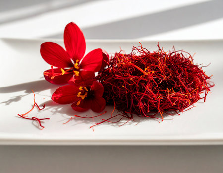 Red saffron on a white plate with red crocus flowerの素材