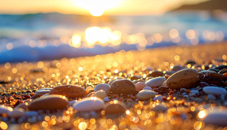sea pebbles on the beach at sunset, shallow dofの素材