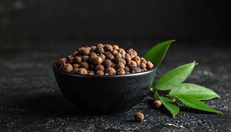 Black pepper in bowl with green leaves on dark background, copy spaceの素材
