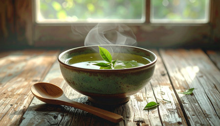 A bowl of matcha green tea with fresh leaves on a wooden tableの素材