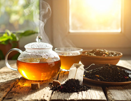 Tea in glass teapot and cup on wooden table near windowの素材