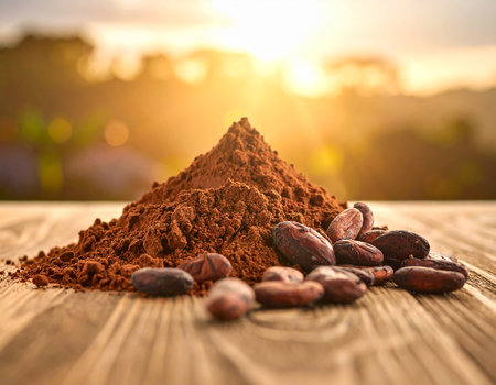 Cocoa powder and cocoa beans on wooden table in morning lightの素材
