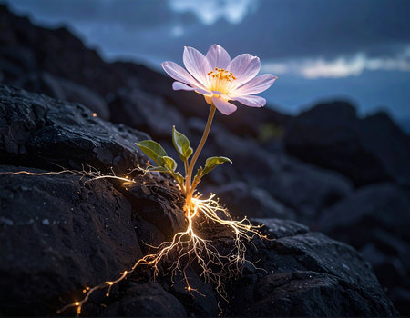Flower with roots on the background of the volcano Etna, Sicily, Italyの素材