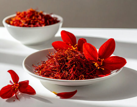 Saffron in a bowl and saffron flower on white backgroundの素材