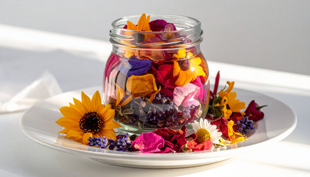 Dried flowers in a glass jar on a white table with sunflowersの素材