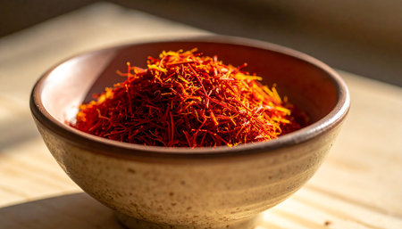 Saffron spice in a ceramic bowl on a wooden table.の素材