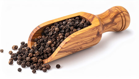 Black pepper in wooden scoop isolated on white background, clipping path includedの素材