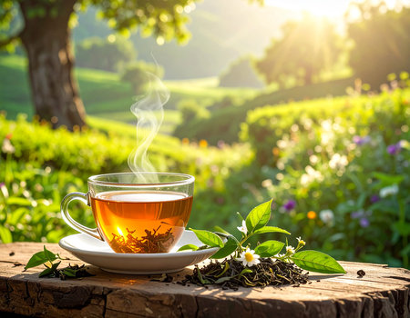 tea in a cup on a wooden table in the garden.の素材