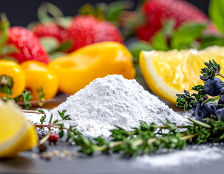 Flour with fruits and vegetables on a dark background. Selective focus.の素材