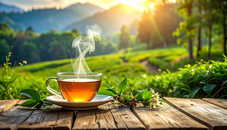 tea cup on the wooden table in the tea plantation with sunriseの素材