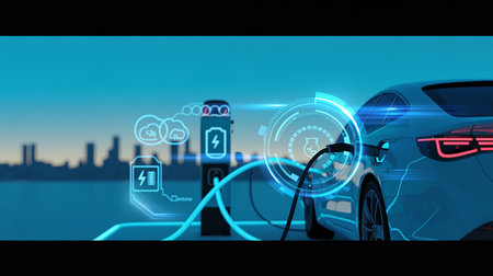EV charging station for electric car in concept of green energy produced from sustainable source to supply to charger station in order to reduce CO2 emission.の素材