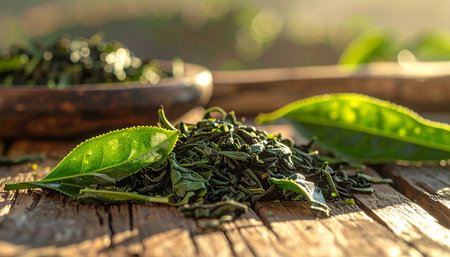 Green tea leaves on a wooden table with a bowl in the backgroundの素材