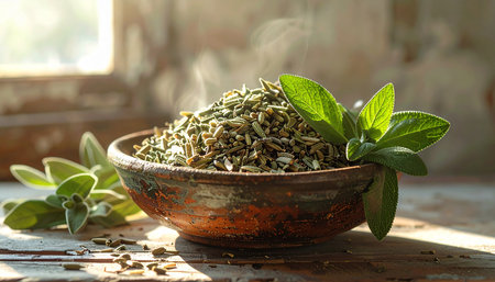 Bowl of dried sage and sage leaves on old wooden table.の素材
