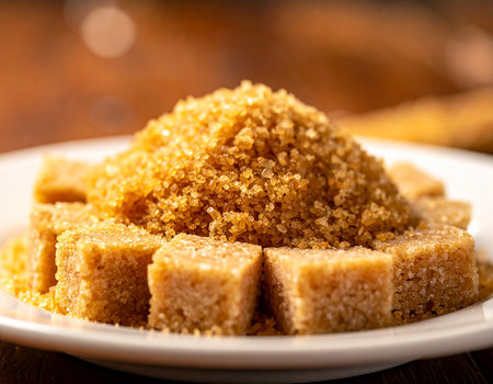 brown sugar in a white plate on a wooden table, closeupの素材