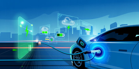 EV charging station with electric car in the city, vector illustration.の素材