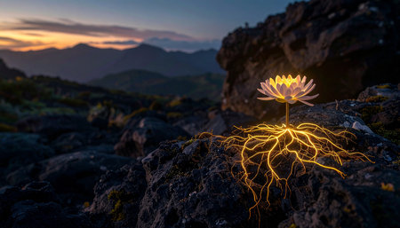 Beautiful flower on the rock in the mountains at sunset time.の素材
