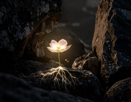 Beautiful white lotus flower with glowing roots on the rock.の素材