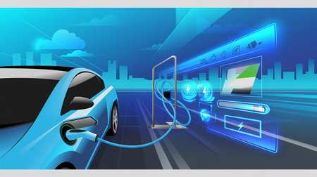 Electric car charging at the charger station. Vector illustration. Eps 10の素材