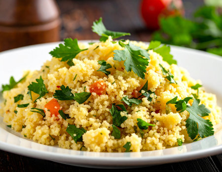 Couscous with carrot and parsley on a white plateの素材