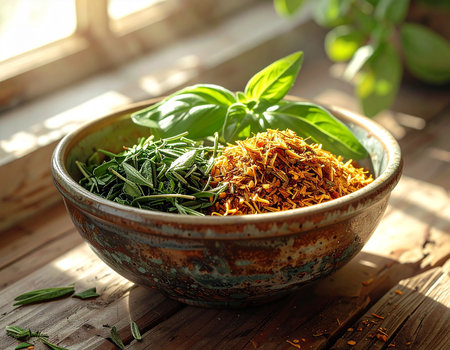 Bowl with dry basil and saffron on wooden table.の素材