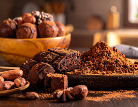 Cocoa powder, chocolate pieces and cocoa beans on wooden tableの素材