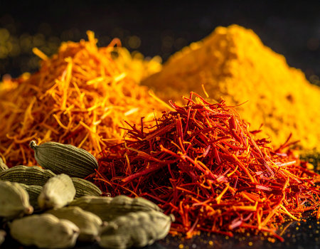 Heap of saffron and cardamom on black backgroundの素材