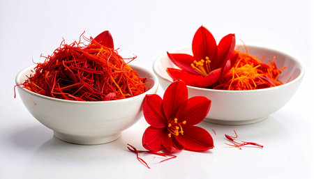 Saffron petals in bowl and saffron flower on white backgroundの素材