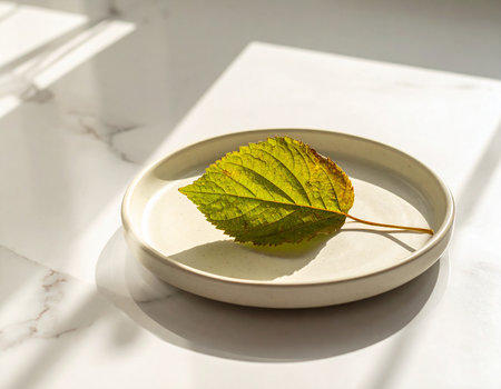 Autumn leaf on a white plate on a white marble table.の素材