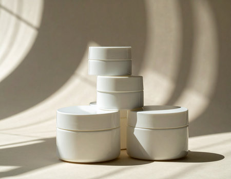 Set of white cosmetic containers on a white background with shadows from the windowの素材