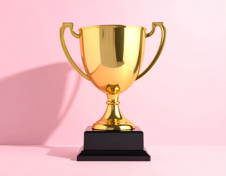 Golden trophy cup on pink background. 3d render. Award concept.の素材