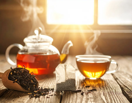 tea in a teapot and cup on a wooden tableの素材