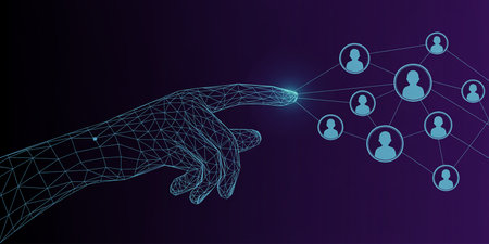 Human hand points to a network of people on a dark background.の素材