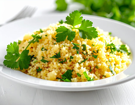 fresh couscous with parsley on a white plate, closeupの素材