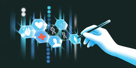 Conceptual image of human hand using digital tablet with medical iconsの素材