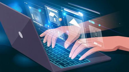 Hands typing on laptop with digital hologram screen, vector illustrationの素材
