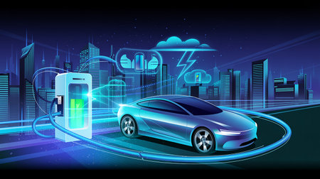 EV charging station for electric car in city at night. Concept of green energy and eco friendly transport. Vector illustration.の素材
