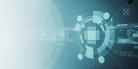 Digital composite of Futuristic interface against blue background with vignetteの素材