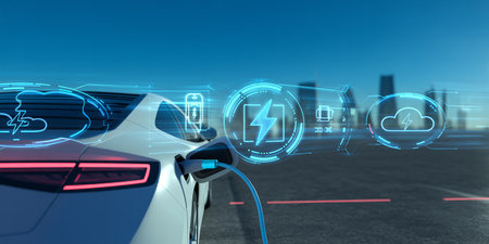 View of a Electric car charging on a futuristic interface - 3d renderingの素材