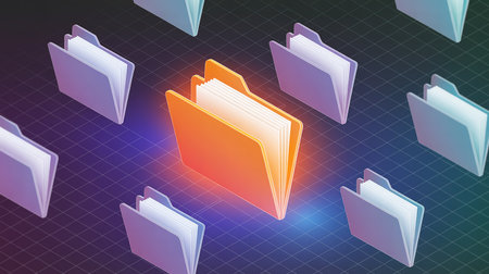 3d rendering of a folder on a background of blue and orange lightsの素材