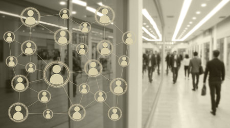 Social network structure with people silhouettes in the shopping mall background.の素材