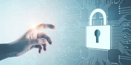 Close up of human hand touching icon of padlock on virtual screenの素材