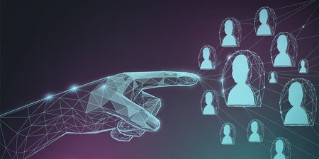 Social network concept. Polygonal wireframe hand pointing at crowd of people. 3D renderingの素材